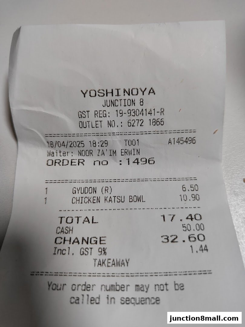 A receipt from Yoshinoya Junction 8 showing a Gyudon and Chicken Katsu Bowl order.