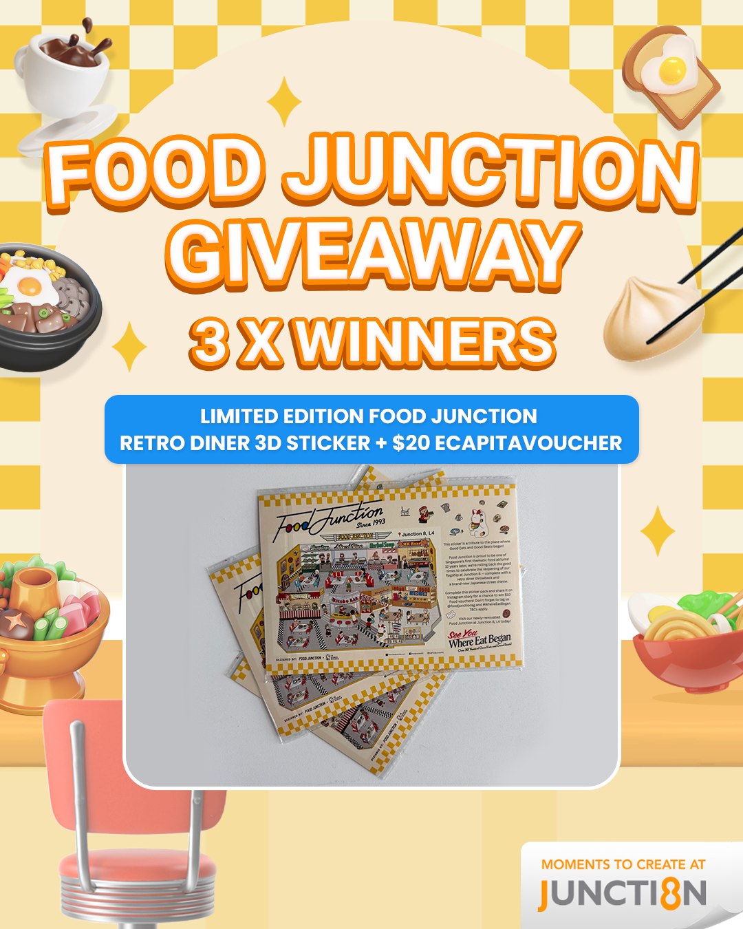 A vibrant retro-themed diner interior, showcasing the new Food Junction concept at Junction 8.