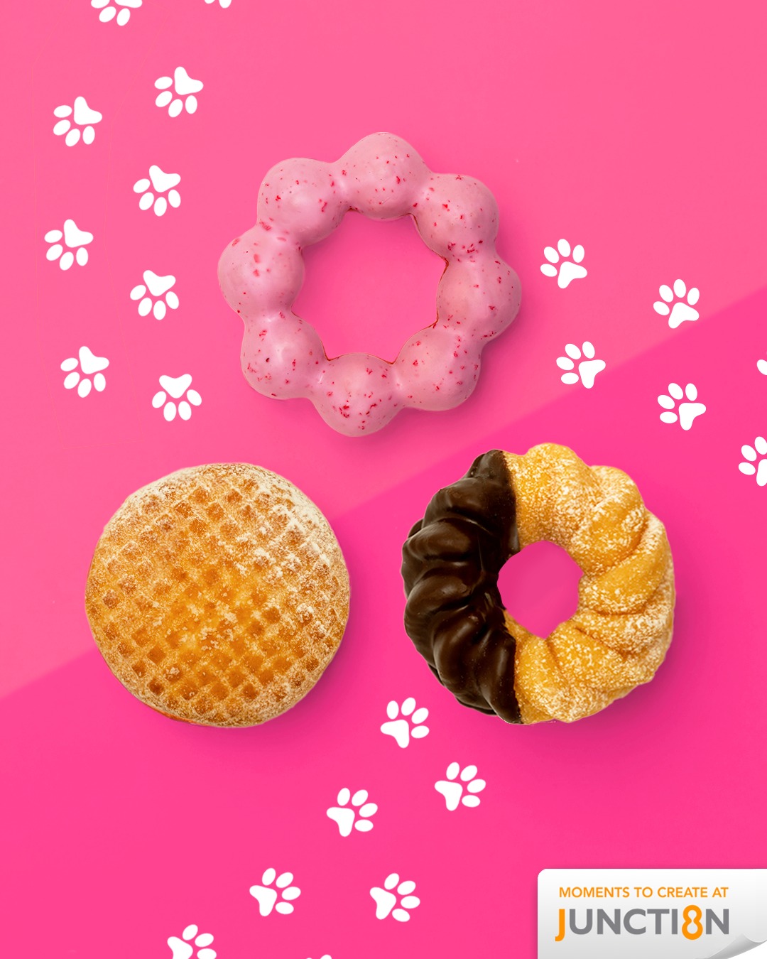 A delightful selection of Mister Donut's Pon De Ring Strawberry, Angel French, and Angel Cream donuts.