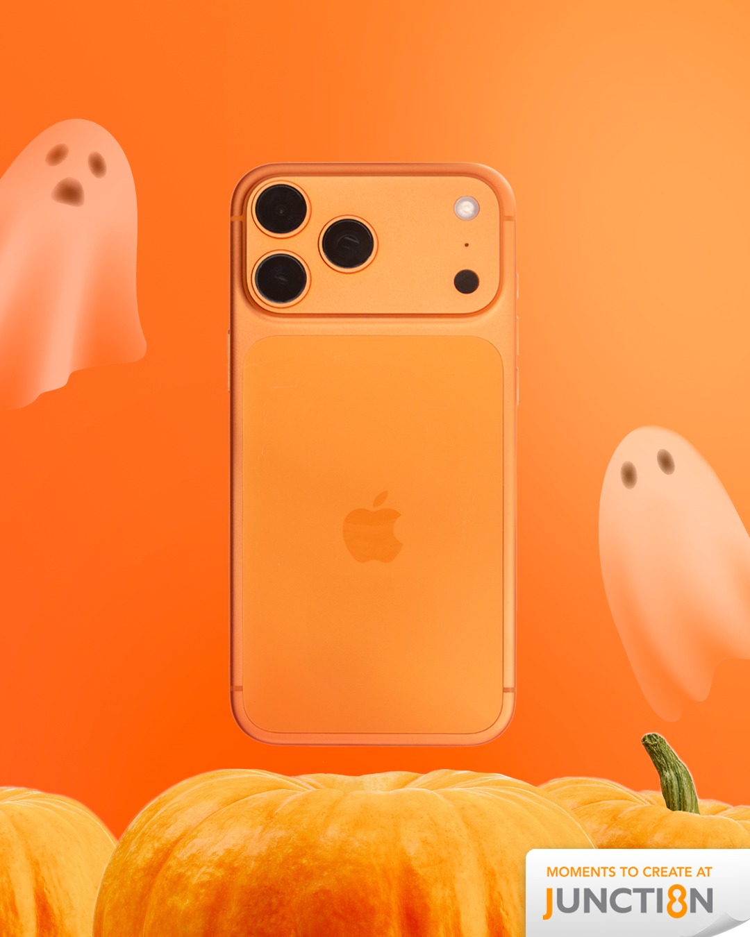 A sleek new iPhone 17 Pro Max in Cosmic Orange, showcasing its advanced camera system.
