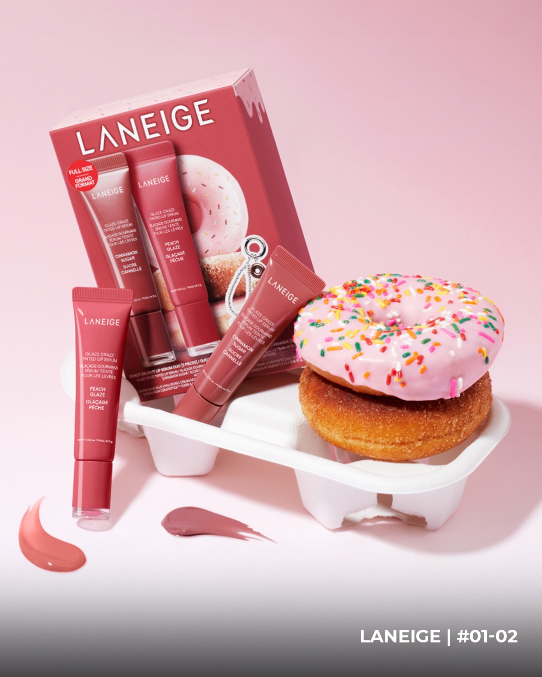 LANEIGE Donut Delight Lip Serum Duo featuring Peach Glaze and Cinnamon Sugar